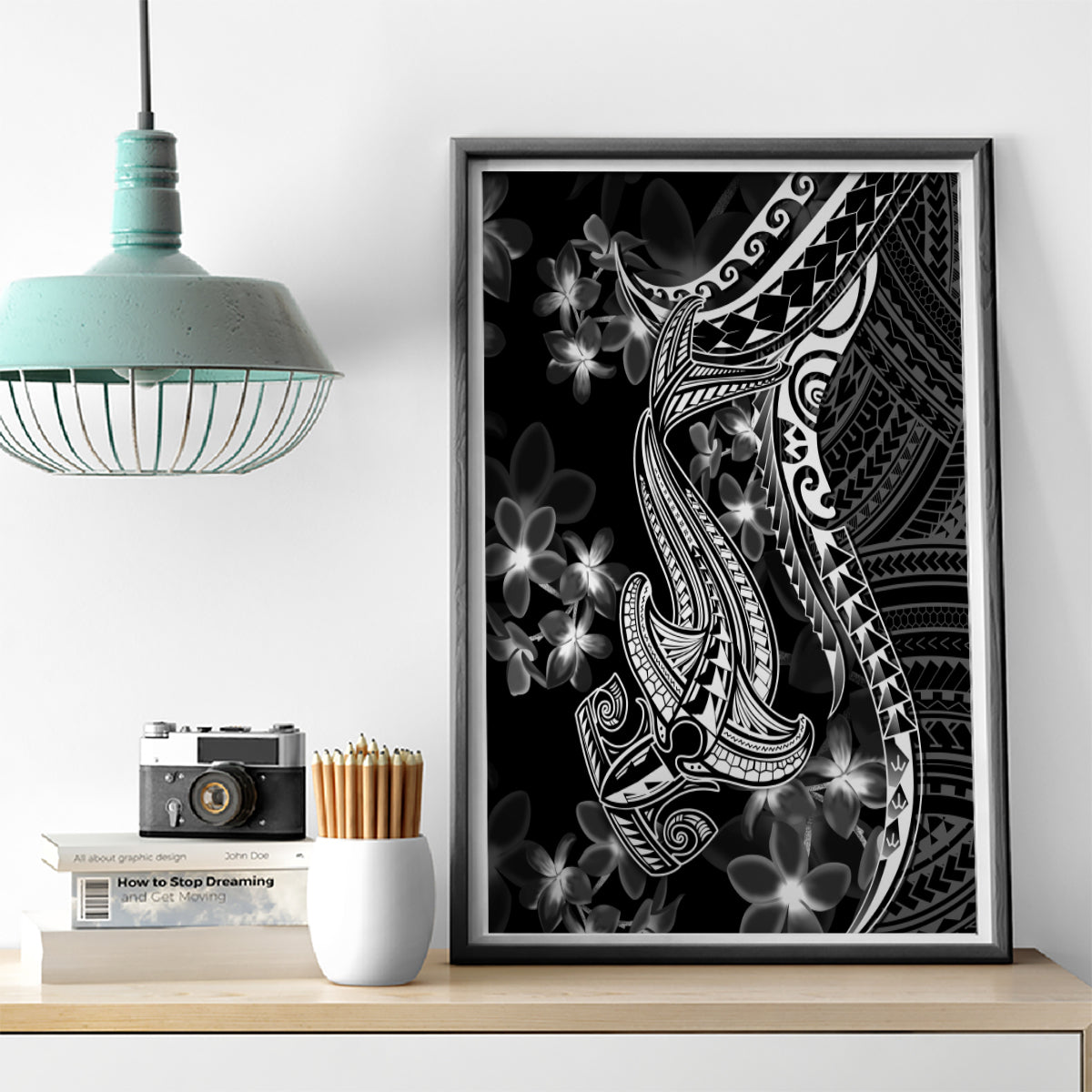 Black Polynesia Canvas Wall Art Shark Tattoo With Polynesian Plumeria - Wonder Print Shop