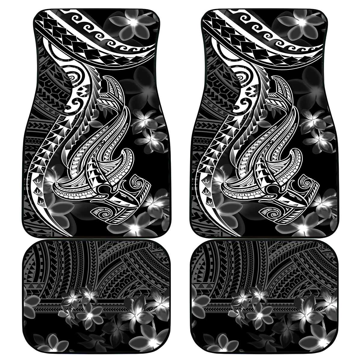 Black Polynesia Car Mats Shark Tattoo With Polynesian Plumeria - Wonder Print Shop