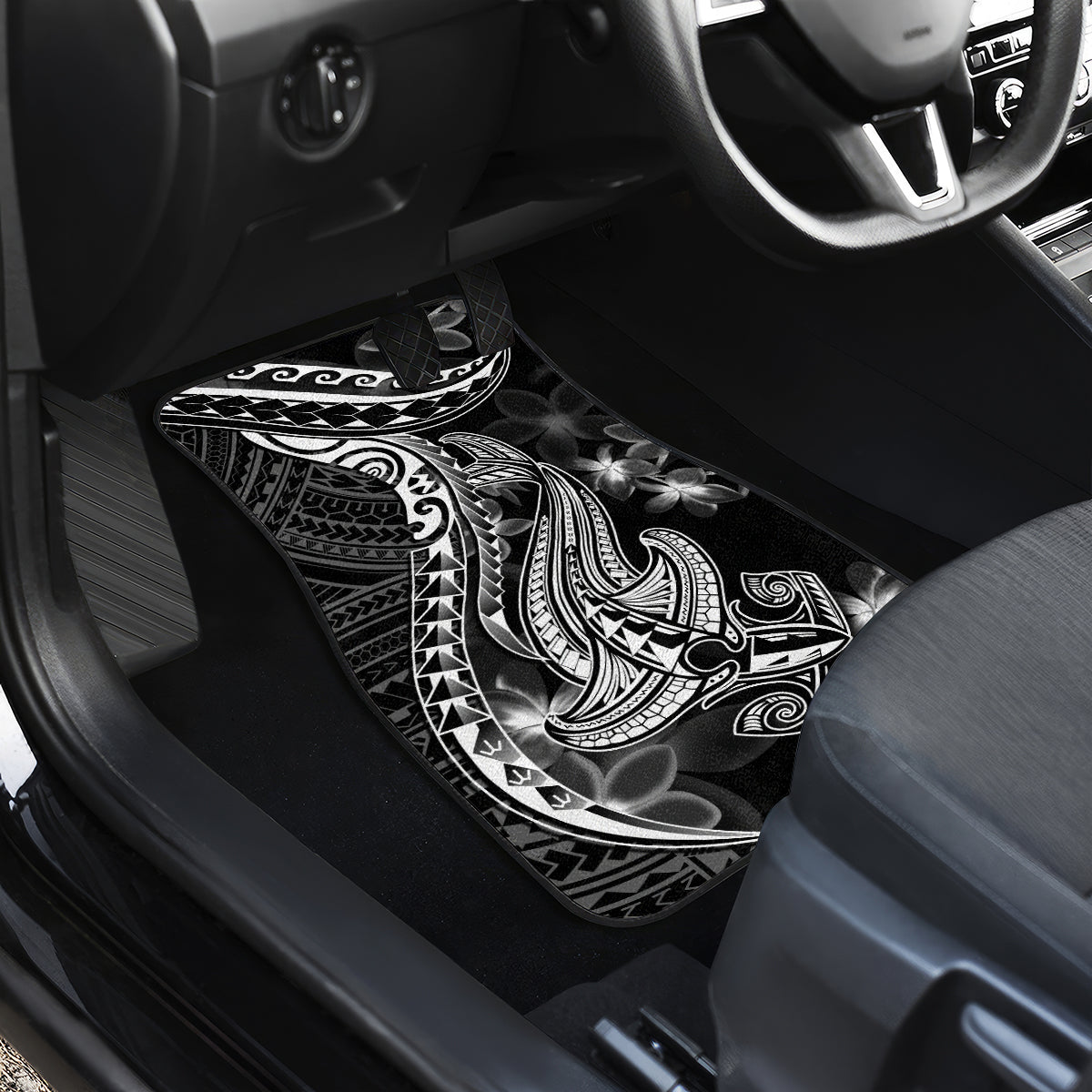 Black Polynesia Car Mats Shark Tattoo With Polynesian Plumeria - Wonder Print Shop