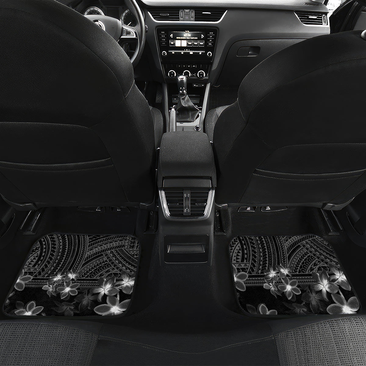 Black Polynesia Car Mats Shark Tattoo With Polynesian Plumeria - Wonder Print Shop