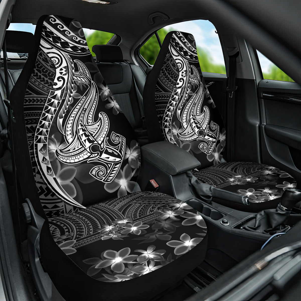 Black Polynesia Car Seat Cover Shark Tattoo With Polynesian Plumeria - Wonder Print Shop