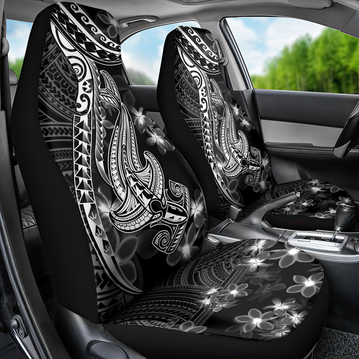 Black Polynesia Car Seat Cover Shark Tattoo With Polynesian Plumeria - Wonder Print Shop