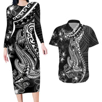 Black Polynesia Couples Matching Long Sleeve Bodycon Dress and Hawaiian Shirt Shark Tattoo With Polynesian Plumeria - Wonder Print Shop