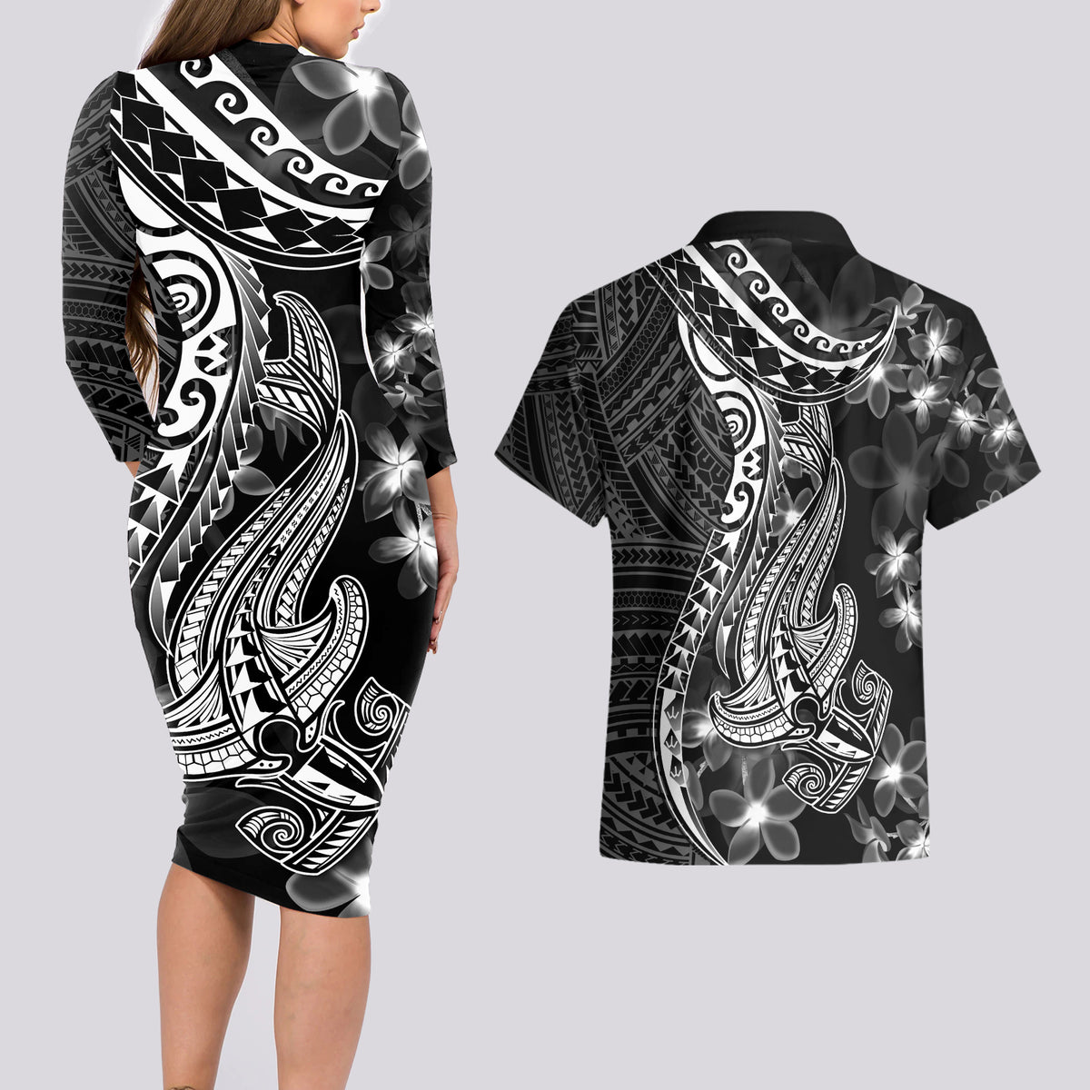 Black Polynesia Couples Matching Long Sleeve Bodycon Dress and Hawaiian Shirt Shark Tattoo With Polynesian Plumeria - Wonder Print Shop