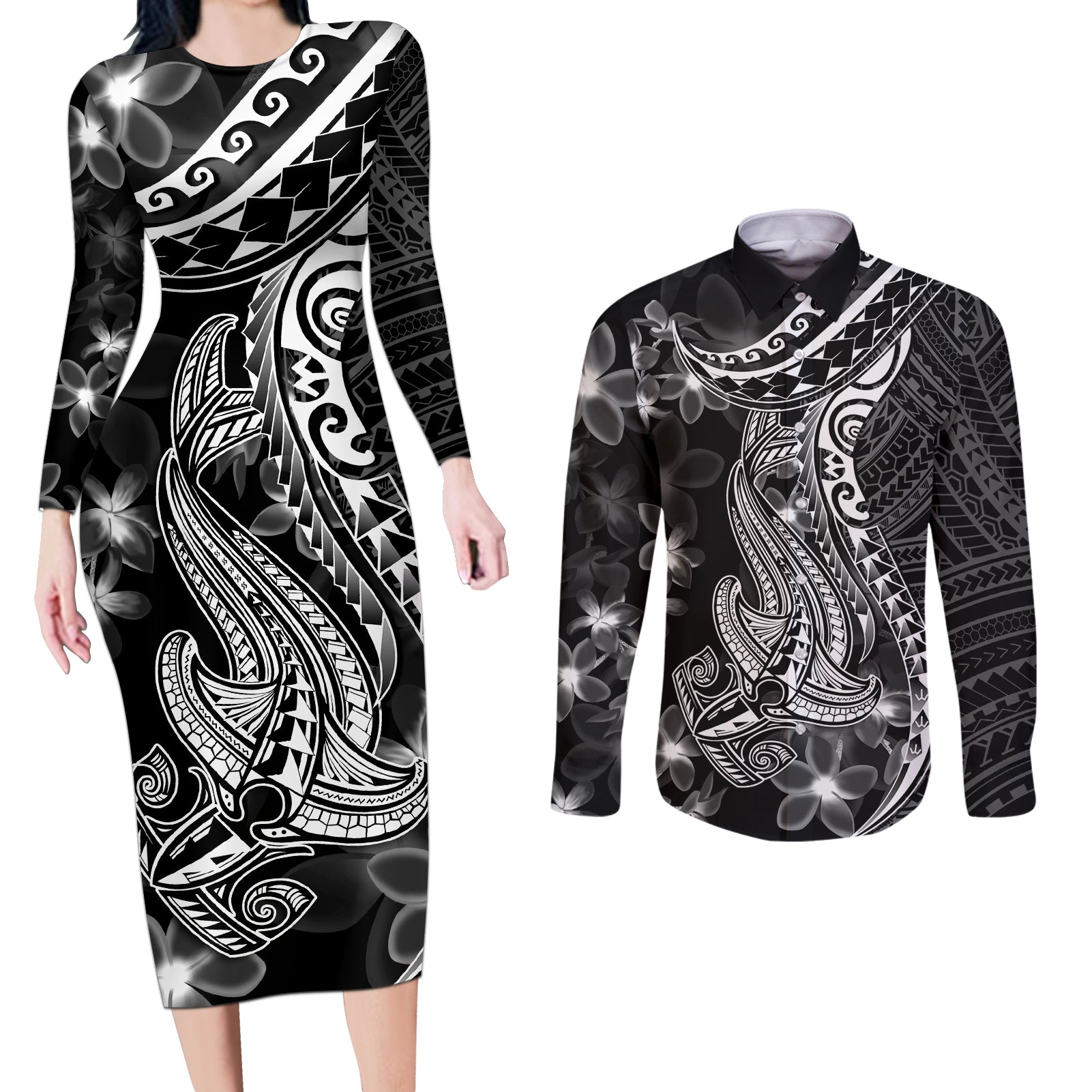 Black Polynesia Couples Matching Long Sleeve Bodycon Dress and Long Sleeve Button Shirt Shark Tattoo With Polynesian Plumeria - Wonder Print Shop