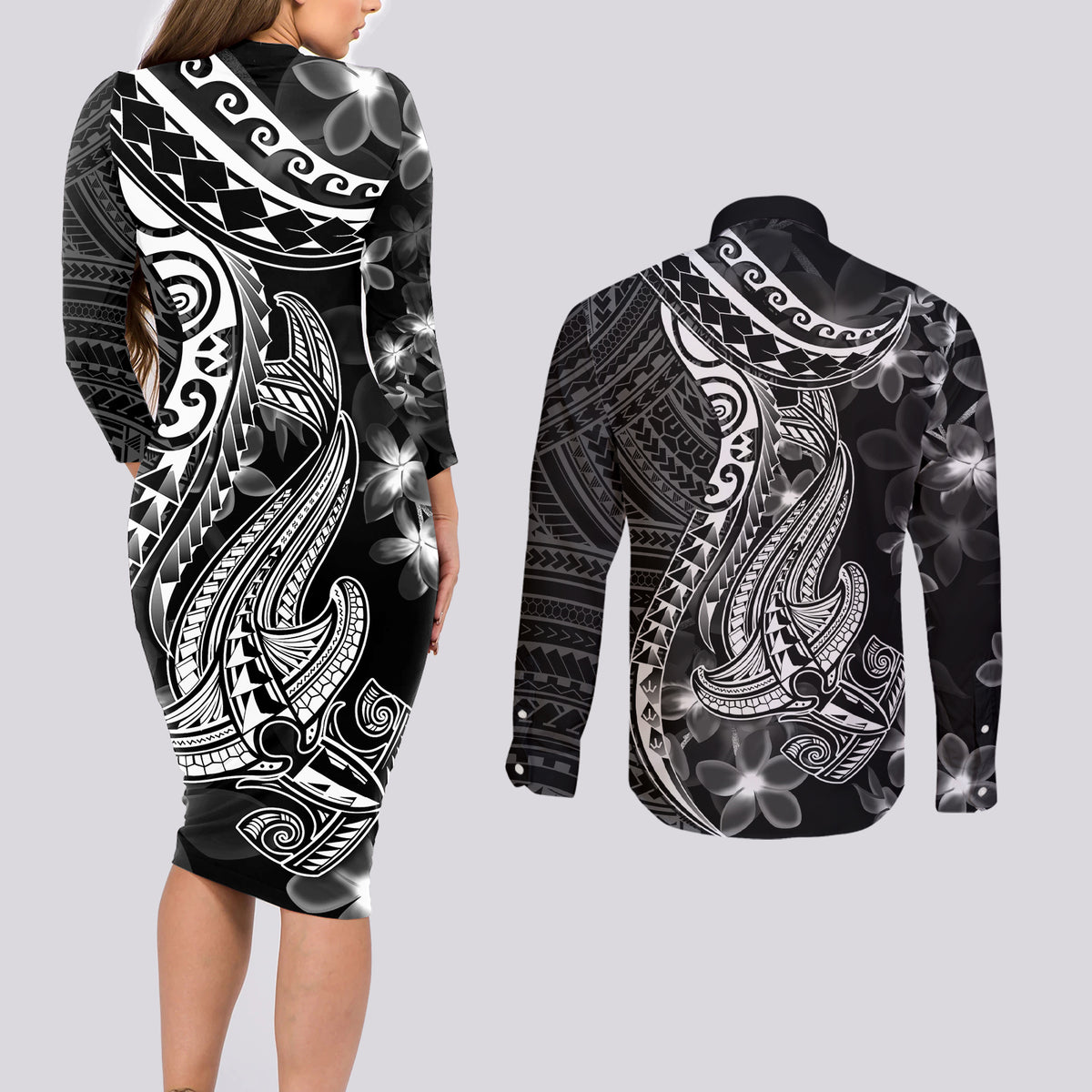 Black Polynesia Couples Matching Long Sleeve Bodycon Dress and Long Sleeve Button Shirt Shark Tattoo With Polynesian Plumeria - Wonder Print Shop