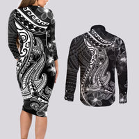 Black Polynesia Couples Matching Long Sleeve Bodycon Dress and Long Sleeve Button Shirt Shark Tattoo With Polynesian Plumeria - Wonder Print Shop