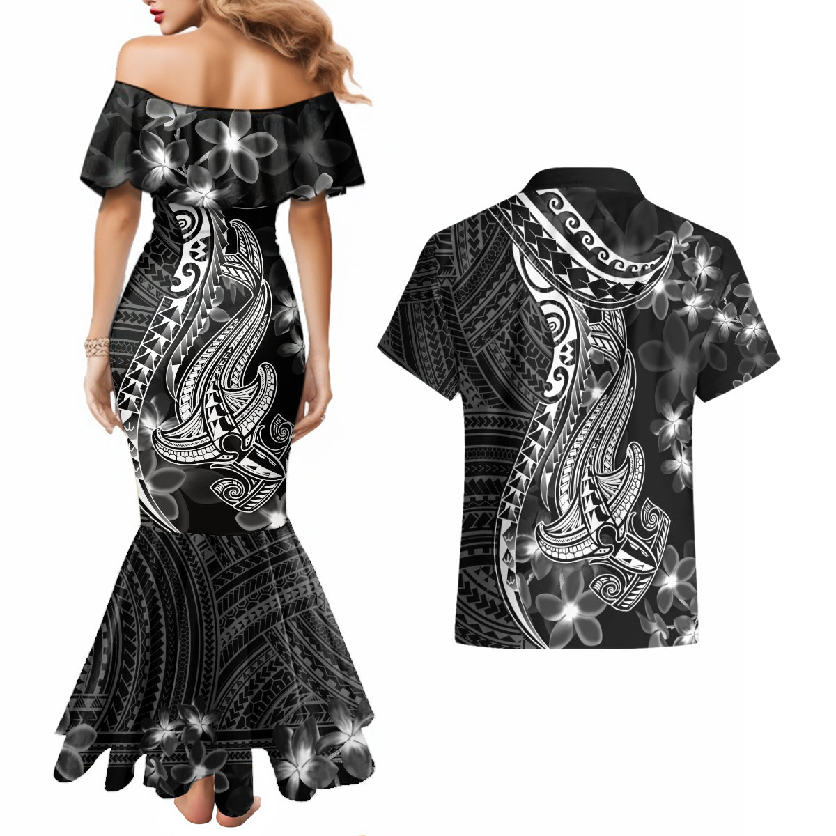 Black Polynesia Couples Matching Mermaid Dress and Hawaiian Shirt Shark Tattoo With Polynesian Plumeria - Wonder Print Shop