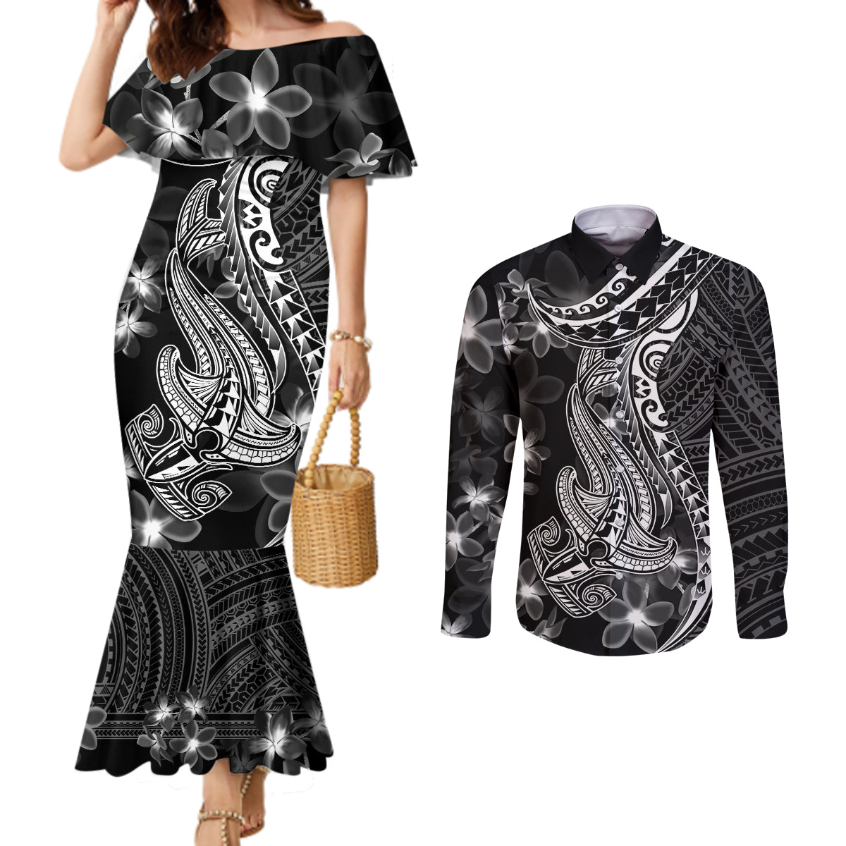 black-polynesia-couples-matching-mermaid-dress-and-long-sleeve-button-shirt-shark-tattoo-with-polynesian-plumeria