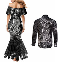 black-polynesia-couples-matching-mermaid-dress-and-long-sleeve-button-shirt-shark-tattoo-with-polynesian-plumeria