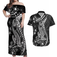 Black Polynesia Couples Matching Off Shoulder Maxi Dress and Hawaiian Shirt Shark Tattoo With Polynesian Plumeria - Wonder Print Shop