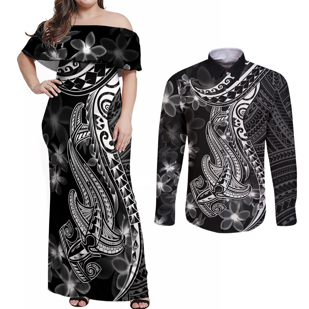 Black Polynesia Couples Matching Off Shoulder Maxi Dress and Long Sleeve Button Shirt Shark Tattoo With Polynesian Plumeria - Wonder Print Shop
