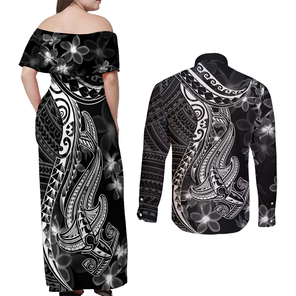 Black Polynesia Couples Matching Off Shoulder Maxi Dress and Long Sleeve Button Shirt Shark Tattoo With Polynesian Plumeria - Wonder Print Shop