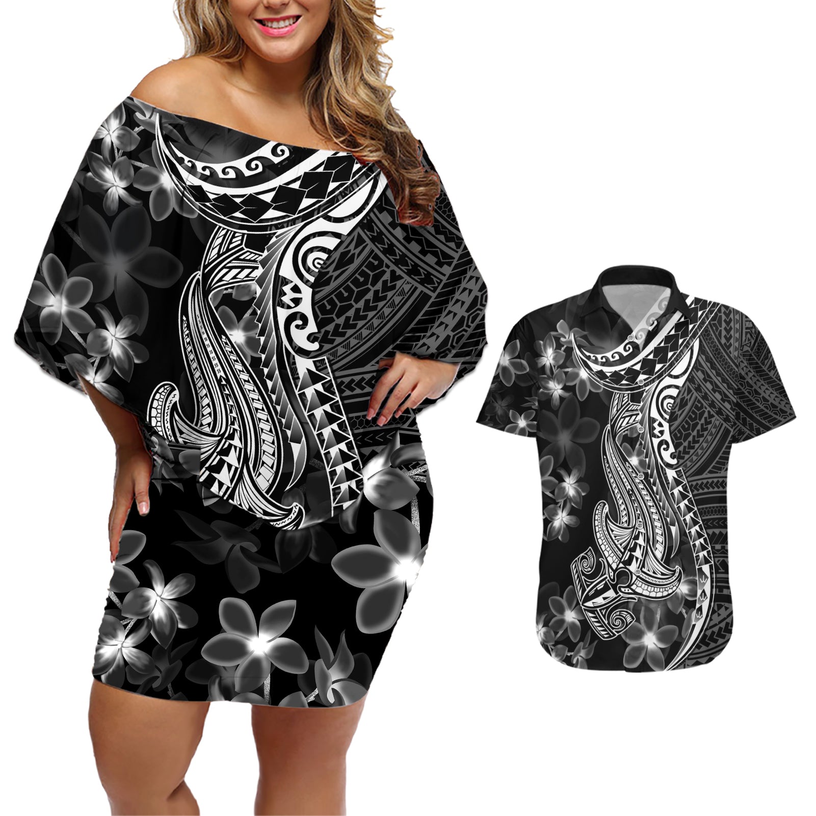 Black Polynesia Couples Matching Off Shoulder Short Dress and Hawaiian Shirt Shark Tattoo With Polynesian Plumeria - Wonder Print Shop