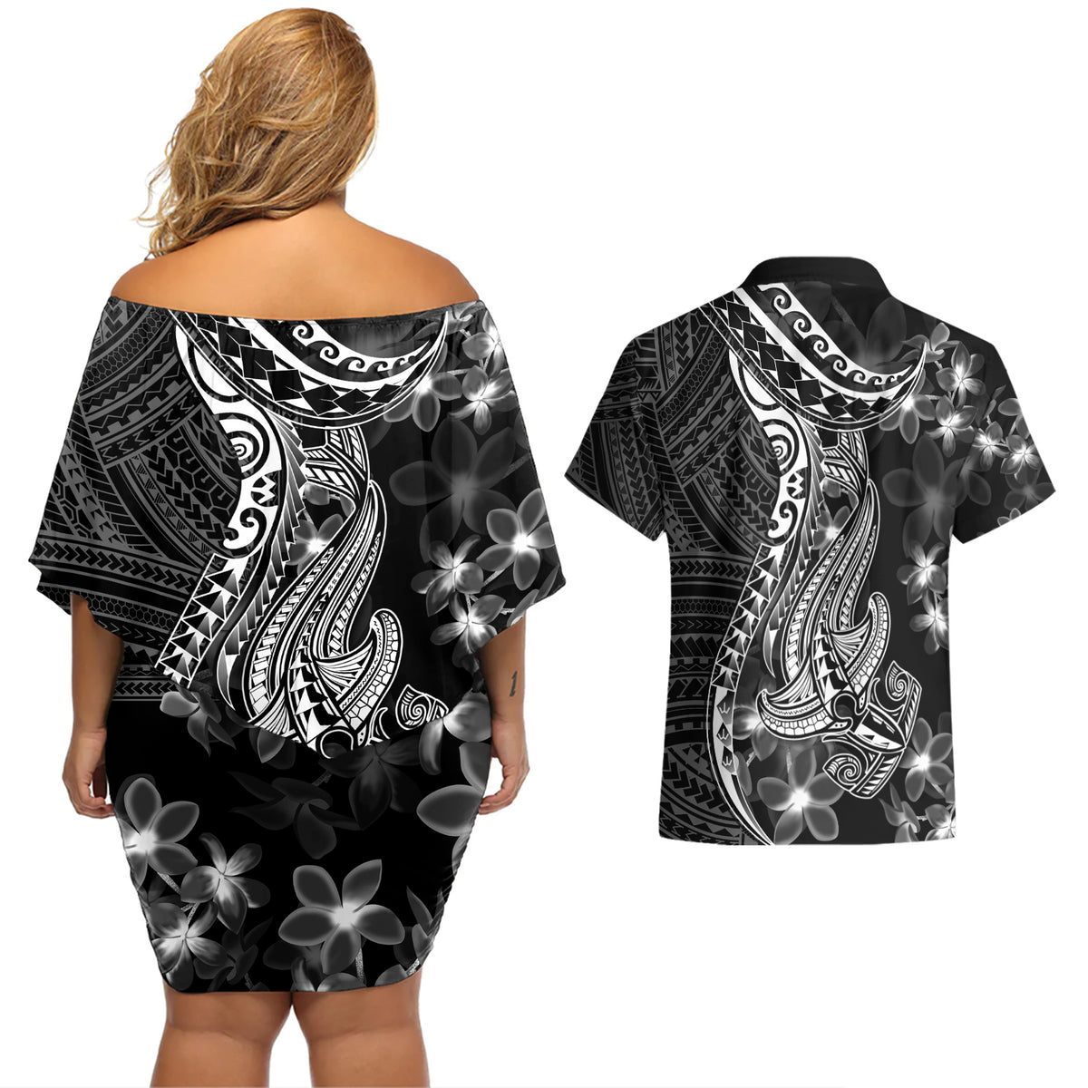 Black Polynesia Couples Matching Off Shoulder Short Dress and Hawaiian Shirt Shark Tattoo With Polynesian Plumeria - Wonder Print Shop