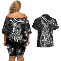 Black Polynesia Couples Matching Off Shoulder Short Dress and Hawaiian Shirt Shark Tattoo With Polynesian Plumeria - Wonder Print Shop