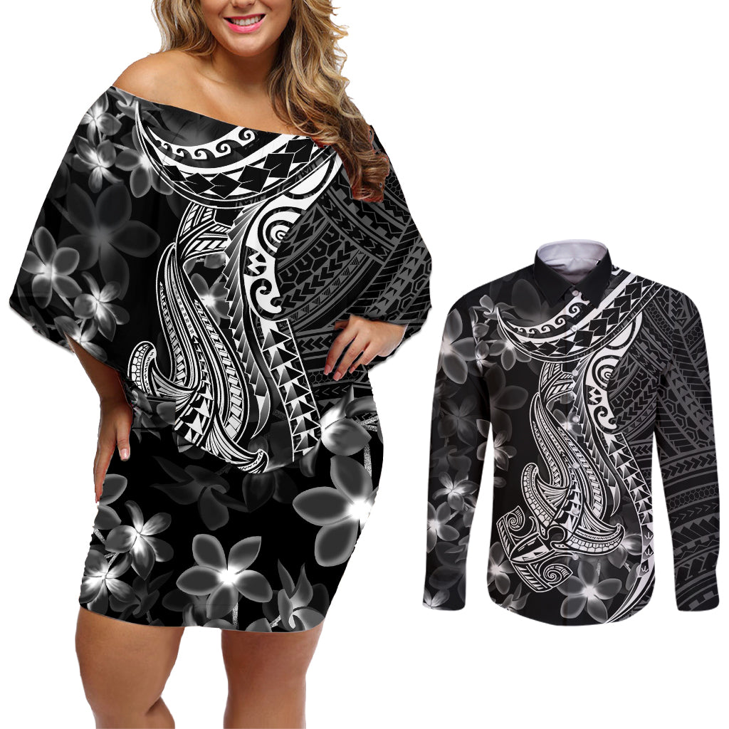 Black Polynesia Couples Matching Off Shoulder Short Dress and Long Sleeve Button Shirt Shark Tattoo With Polynesian Plumeria - Wonder Print Shop