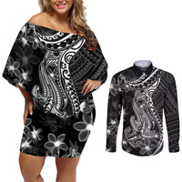 Black Polynesia Couples Matching Off Shoulder Short Dress and Long Sleeve Button Shirt Shark Tattoo With Polynesian Plumeria - Wonder Print Shop