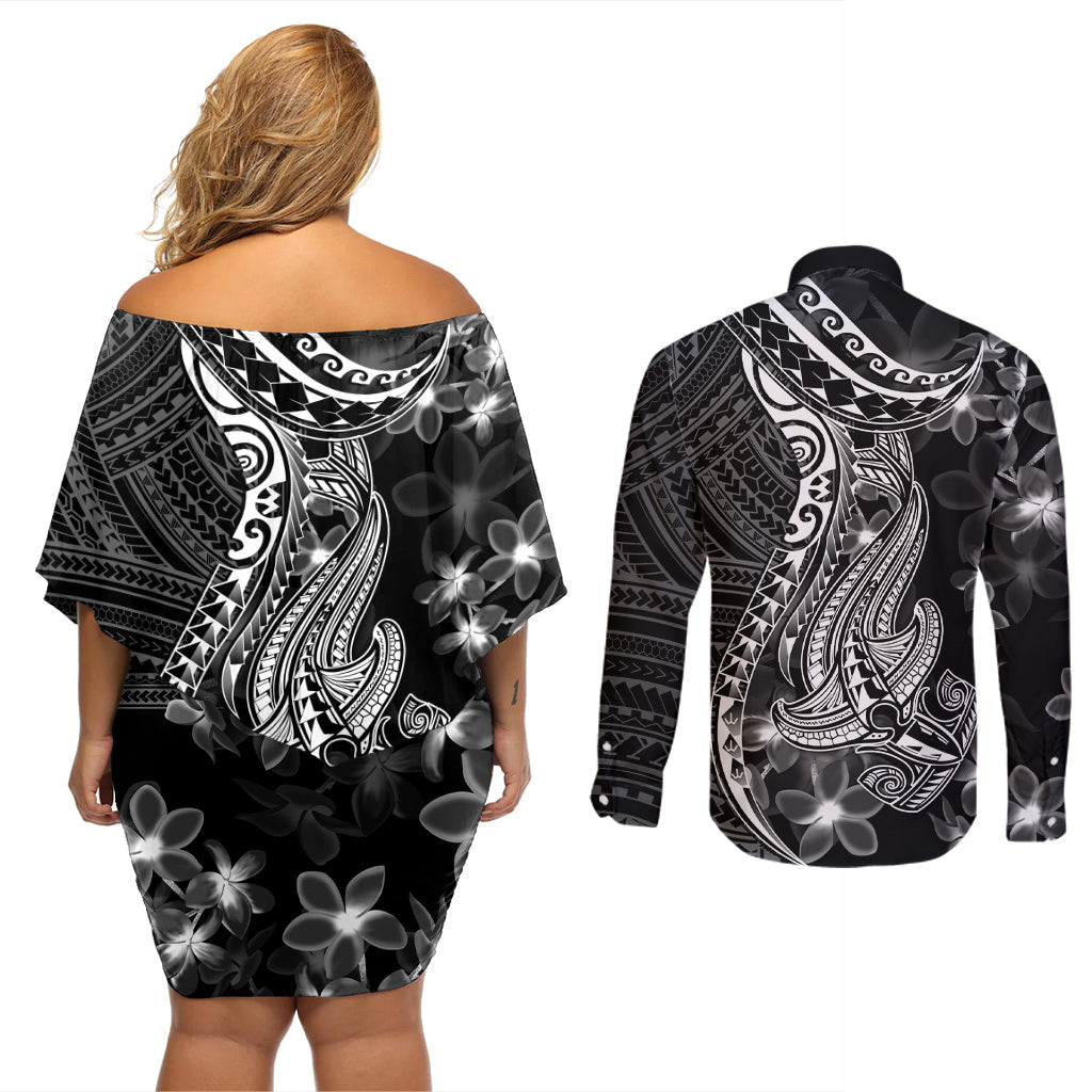 Black Polynesia Couples Matching Off Shoulder Short Dress and Long Sleeve Button Shirt Shark Tattoo With Polynesian Plumeria - Wonder Print Shop