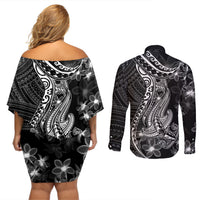 Black Polynesia Couples Matching Off Shoulder Short Dress and Long Sleeve Button Shirt Shark Tattoo With Polynesian Plumeria - Wonder Print Shop