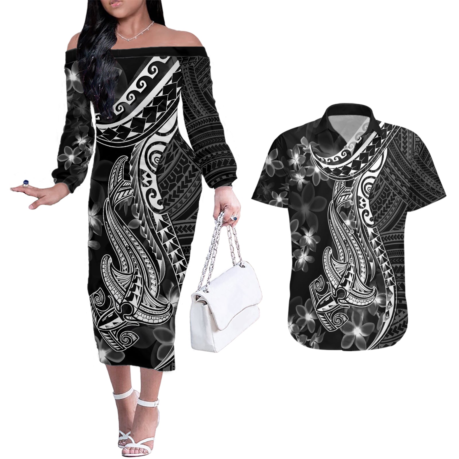 Black Polynesia Couples Matching Off The Shoulder Long Sleeve Dress and Hawaiian Shirt Shark Tattoo With Polynesian Plumeria - Wonder Print Shop