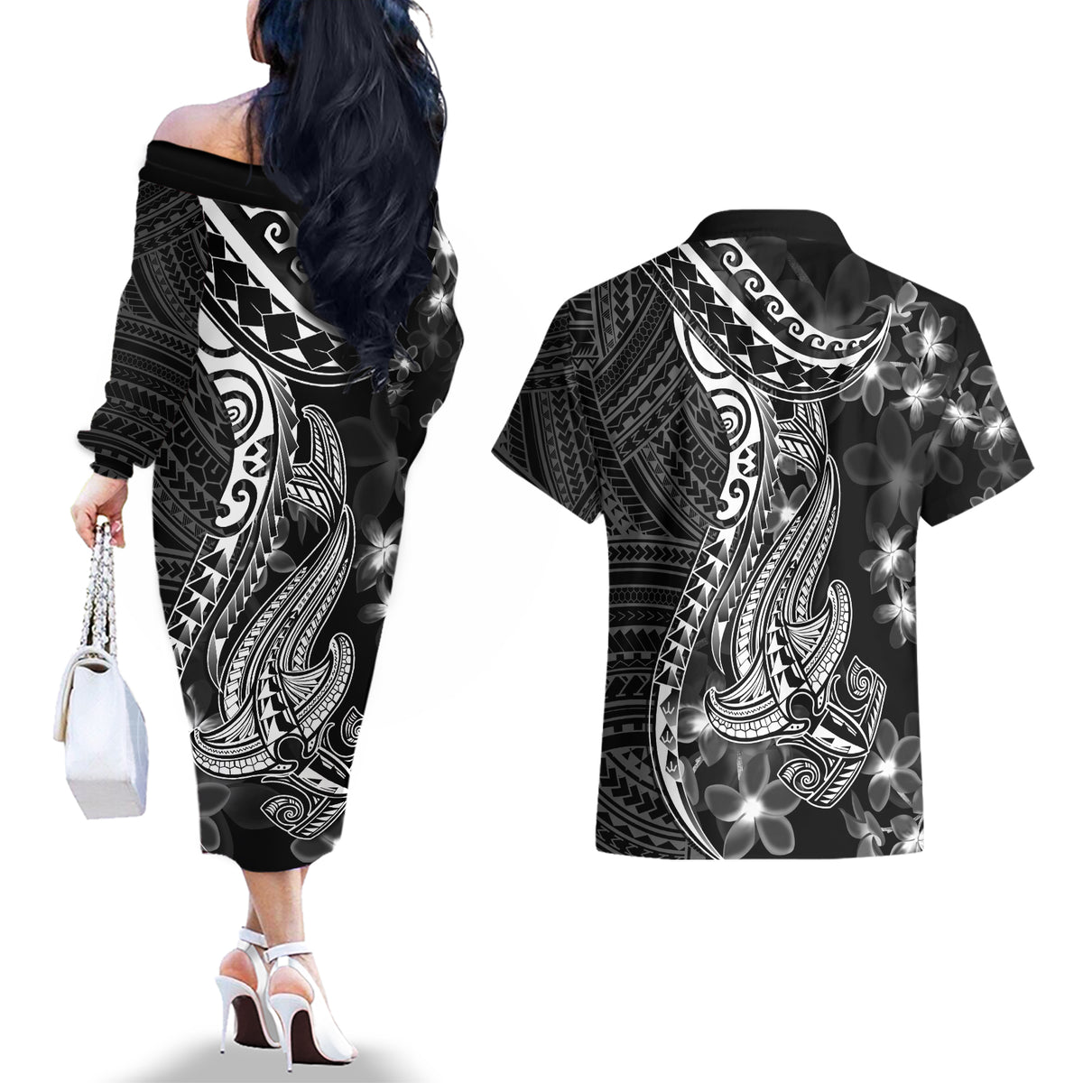 Black Polynesia Couples Matching Off The Shoulder Long Sleeve Dress and Hawaiian Shirt Shark Tattoo With Polynesian Plumeria - Wonder Print Shop