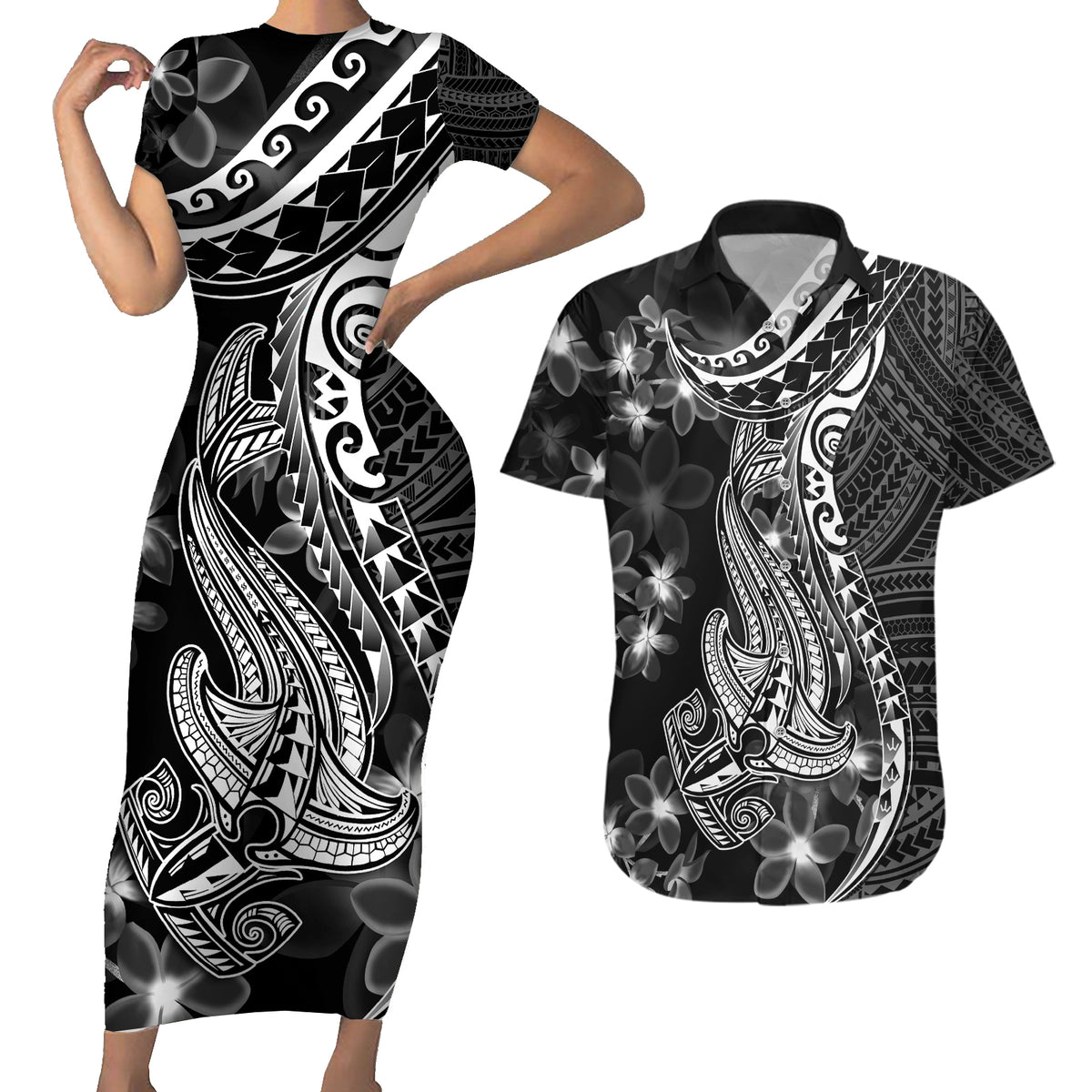 Black Polynesia Couples Matching Short Sleeve Bodycon Dress and Hawaiian Shirt Shark Tattoo With Polynesian Plumeria - Wonder Print Shop