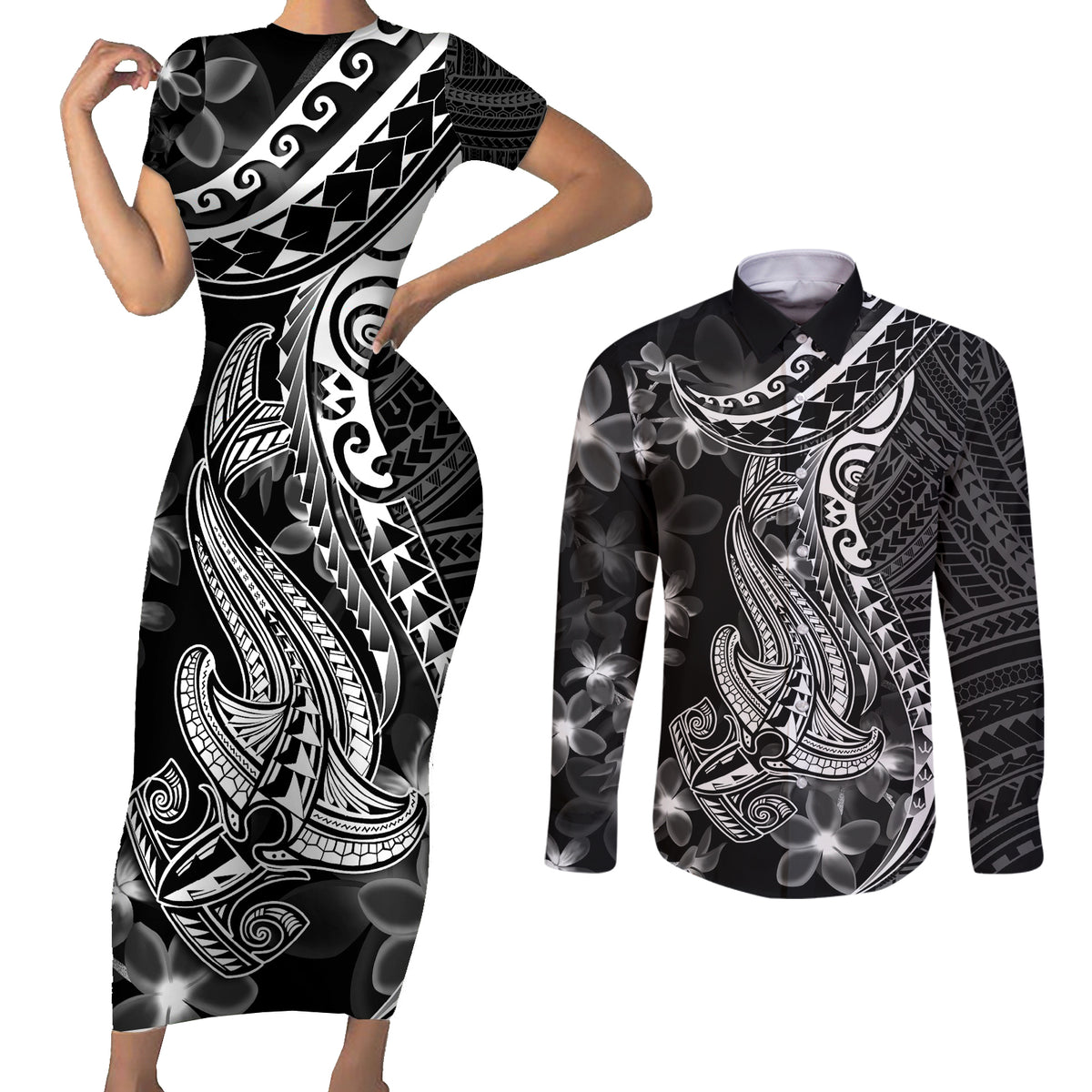 Black Polynesia Couples Matching Short Sleeve Bodycon Dress and Long Sleeve Button Shirt Shark Tattoo With Polynesian Plumeria - Wonder Print Shop