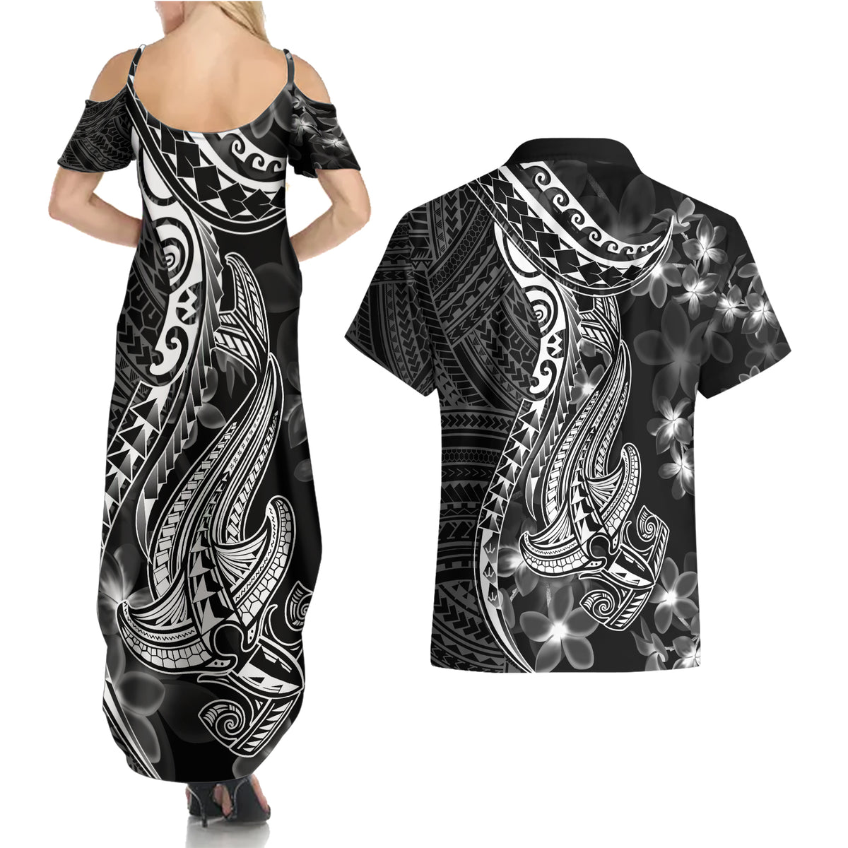 Black Polynesia Couples Matching Summer Maxi Dress and Hawaiian Shirt Shark Tattoo With Polynesian Plumeria - Wonder Print Shop