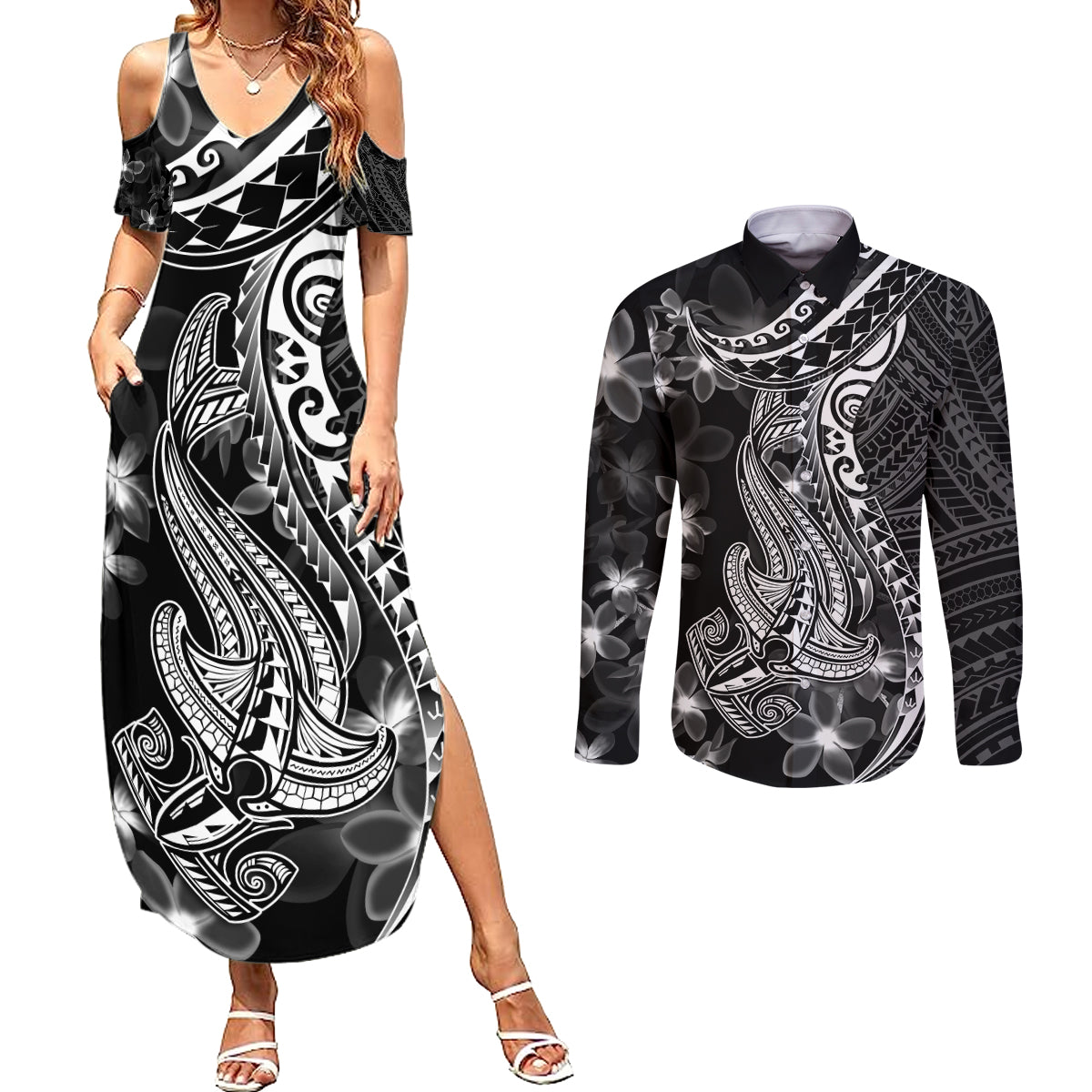 Black Polynesia Couples Matching Summer Maxi Dress and Long Sleeve Button Shirt Shark Tattoo With Polynesian Plumeria - Wonder Print Shop