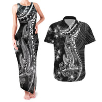 Black Polynesia Couples Matching Tank Maxi Dress and Hawaiian Shirt Shark Tattoo With Polynesian Plumeria - Wonder Print Shop