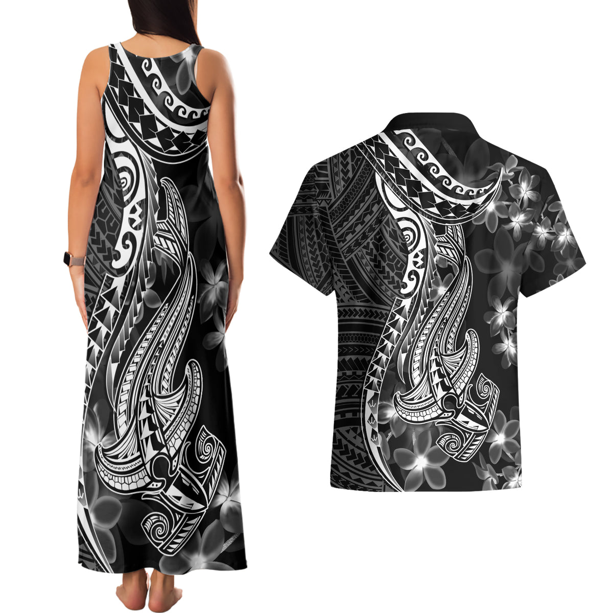Black Polynesia Couples Matching Tank Maxi Dress and Hawaiian Shirt Shark Tattoo With Polynesian Plumeria - Wonder Print Shop