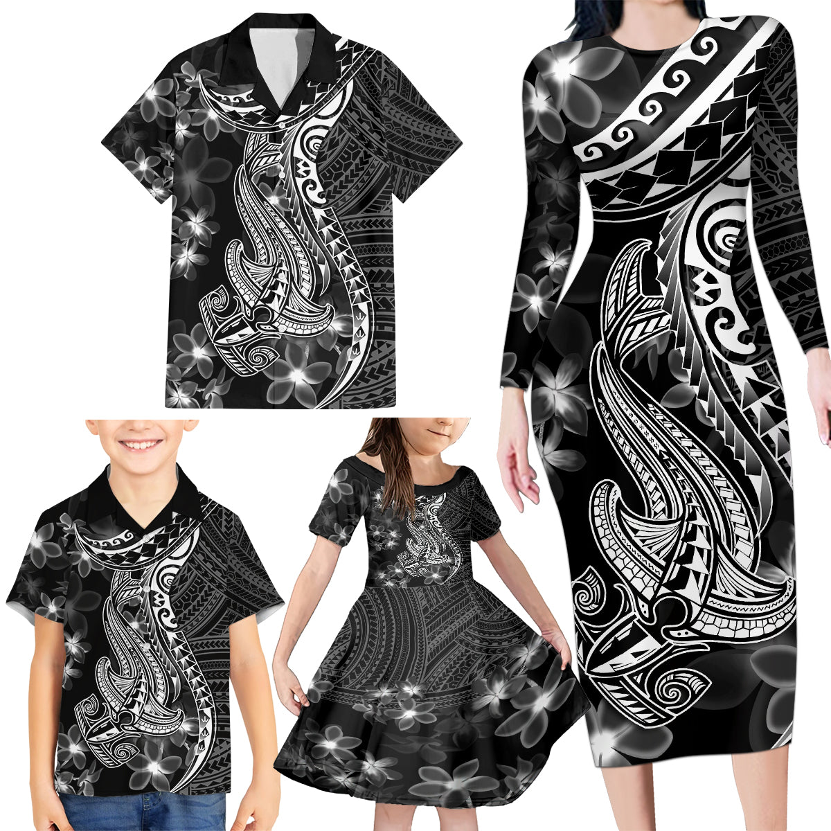 Black Polynesia Family Matching Long Sleeve Bodycon Dress and Hawaiian Shirt Shark Tattoo With Polynesian Plumeria - Wonder Print Shop