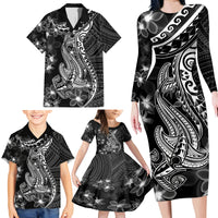 Black Polynesia Family Matching Long Sleeve Bodycon Dress and Hawaiian Shirt Shark Tattoo With Polynesian Plumeria - Wonder Print Shop