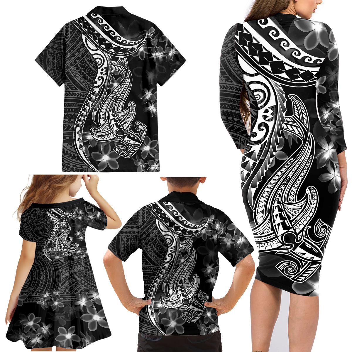 Black Polynesia Family Matching Long Sleeve Bodycon Dress and Hawaiian Shirt Shark Tattoo With Polynesian Plumeria - Wonder Print Shop