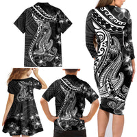 Black Polynesia Family Matching Long Sleeve Bodycon Dress and Hawaiian Shirt Shark Tattoo With Polynesian Plumeria - Wonder Print Shop