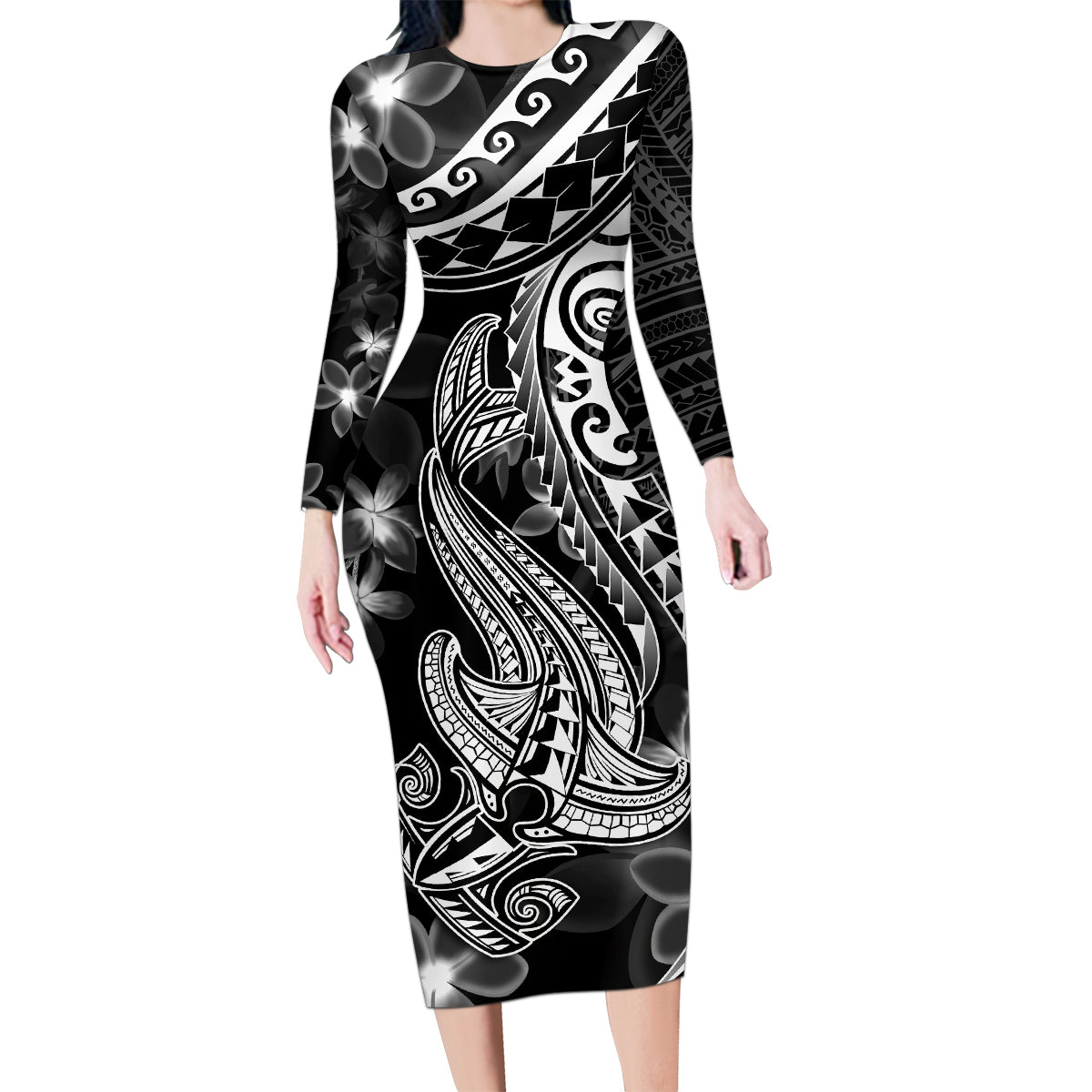 Black Polynesia Family Matching Long Sleeve Bodycon Dress and Hawaiian Shirt Shark Tattoo With Polynesian Plumeria - Wonder Print Shop