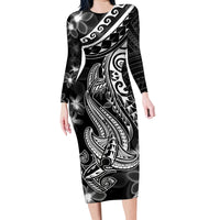 Black Polynesia Family Matching Long Sleeve Bodycon Dress and Hawaiian Shirt Shark Tattoo With Polynesian Plumeria - Wonder Print Shop