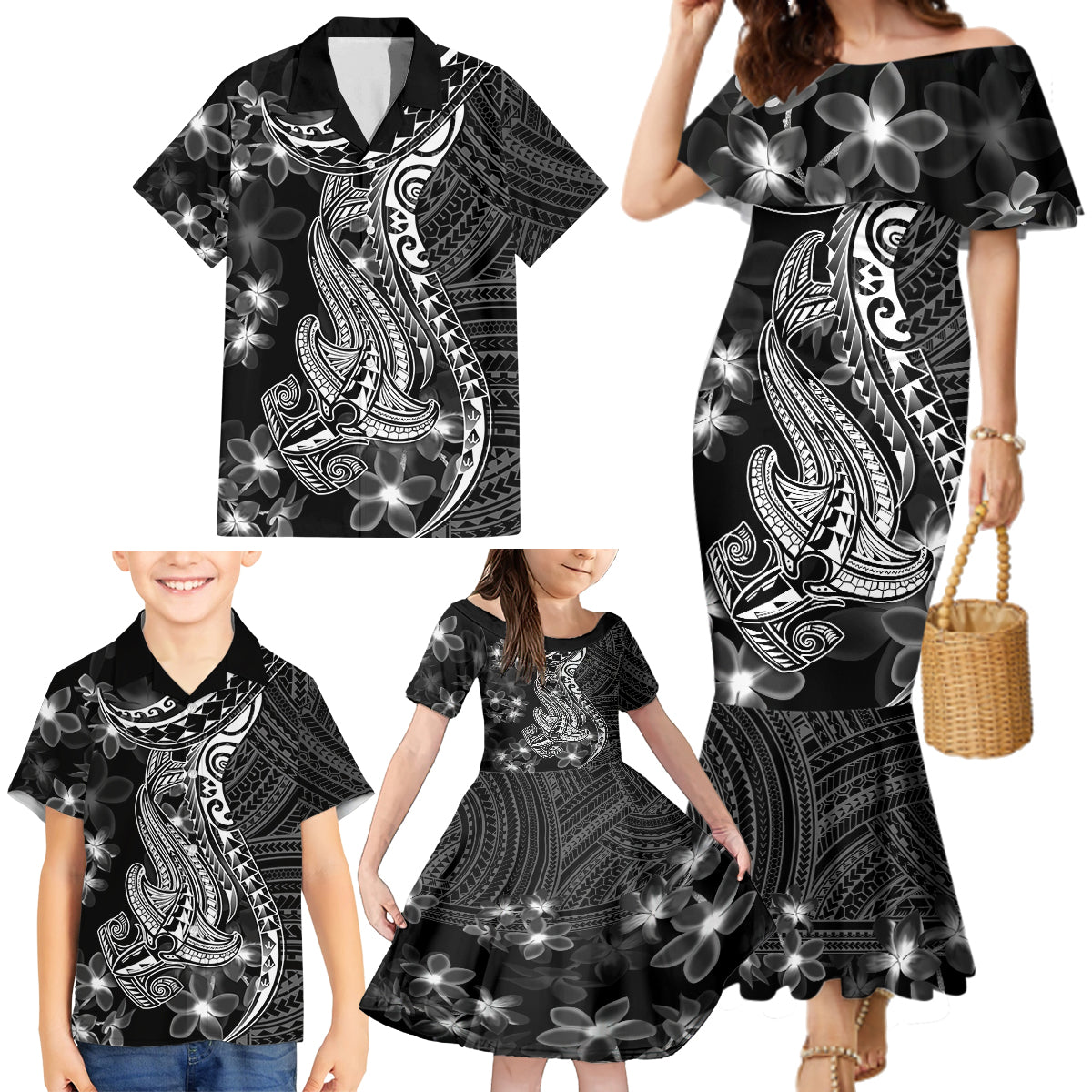 Black Polynesia Family Matching Mermaid Dress and Hawaiian Shirt Shark Tattoo With Polynesian Plumeria - Wonder Print Shop