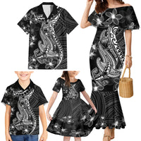 Black Polynesia Family Matching Mermaid Dress and Hawaiian Shirt Shark Tattoo With Polynesian Plumeria - Wonder Print Shop