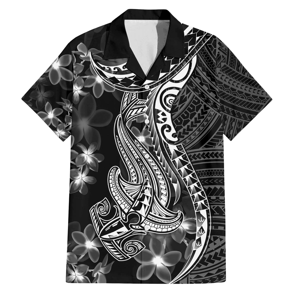Black Polynesia Family Matching Mermaid Dress and Hawaiian Shirt Shark Tattoo With Polynesian Plumeria - Wonder Print Shop