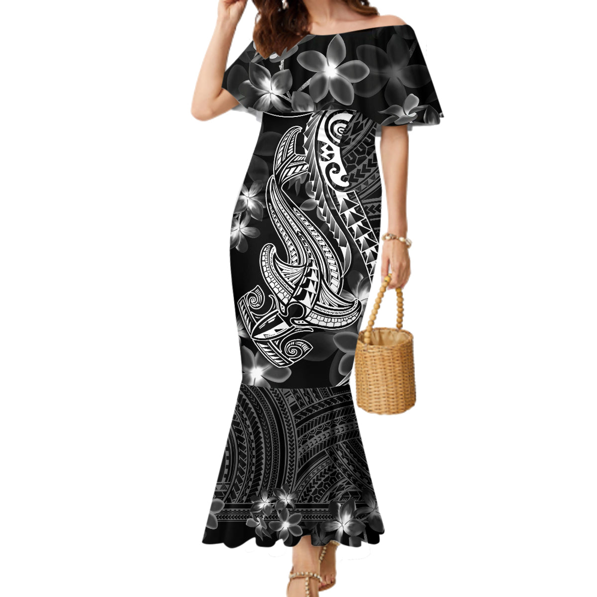 Black Polynesia Family Matching Mermaid Dress and Hawaiian Shirt Shark Tattoo With Polynesian Plumeria - Wonder Print Shop