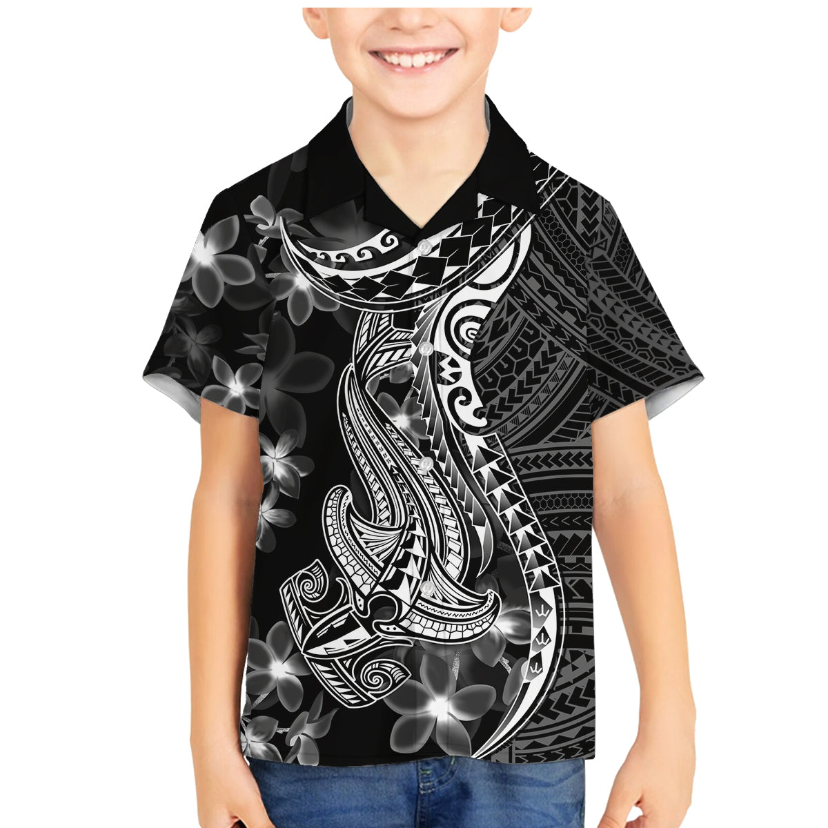 Black Polynesia Family Matching Mermaid Dress and Hawaiian Shirt Shark Tattoo With Polynesian Plumeria - Wonder Print Shop