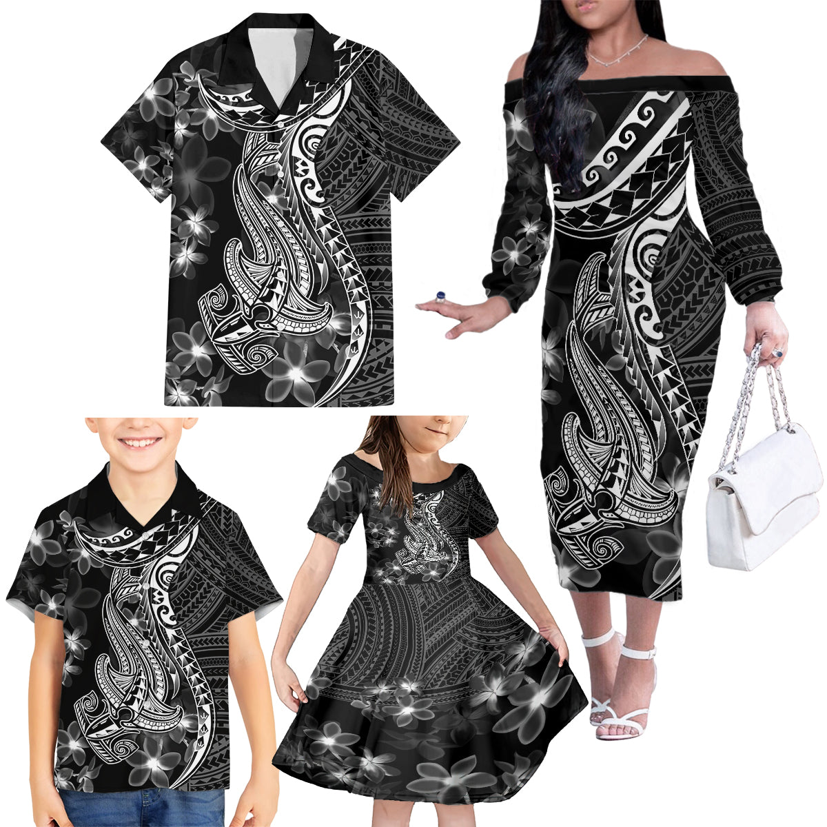 Black Polynesia Family Matching Off Shoulder Long Sleeve Dress and Hawaiian Shirt Shark Tattoo With Polynesian Plumeria - Wonder Print Shop