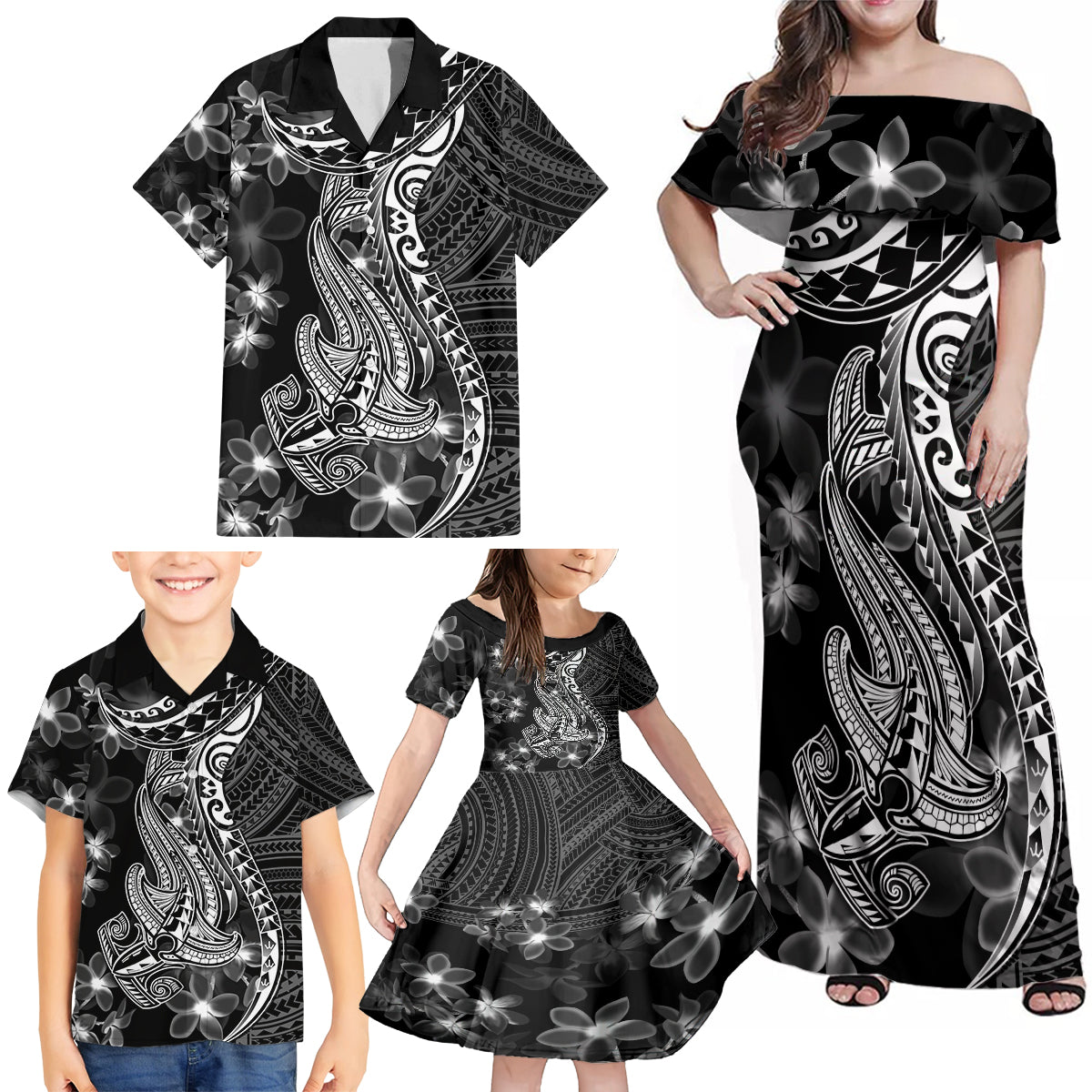 Black Polynesia Family Matching Off Shoulder Maxi Dress and Hawaiian Shirt Shark Tattoo With Polynesian Plumeria - Wonder Print Shop