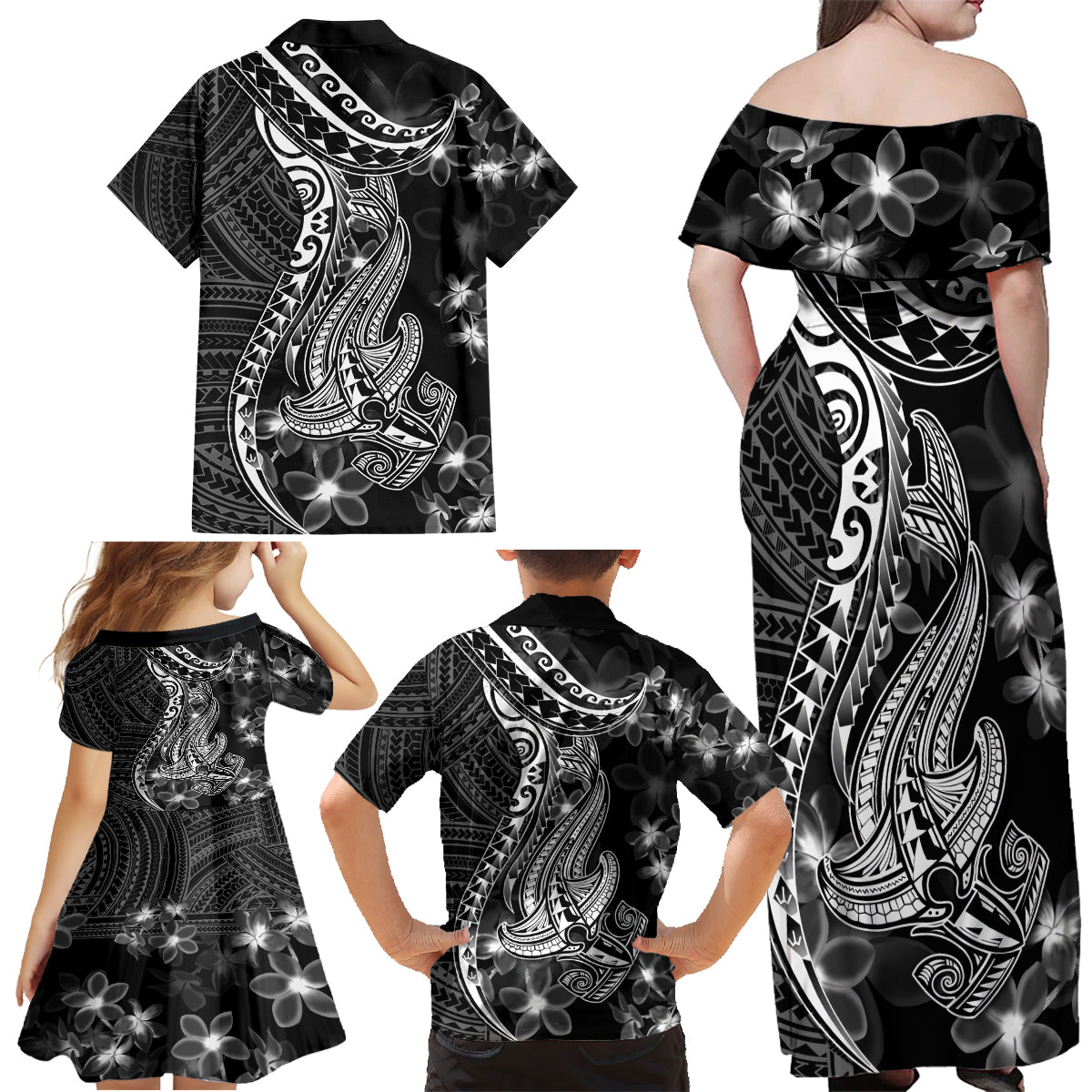 Black Polynesia Family Matching Off Shoulder Maxi Dress and Hawaiian Shirt Shark Tattoo With Polynesian Plumeria - Wonder Print Shop