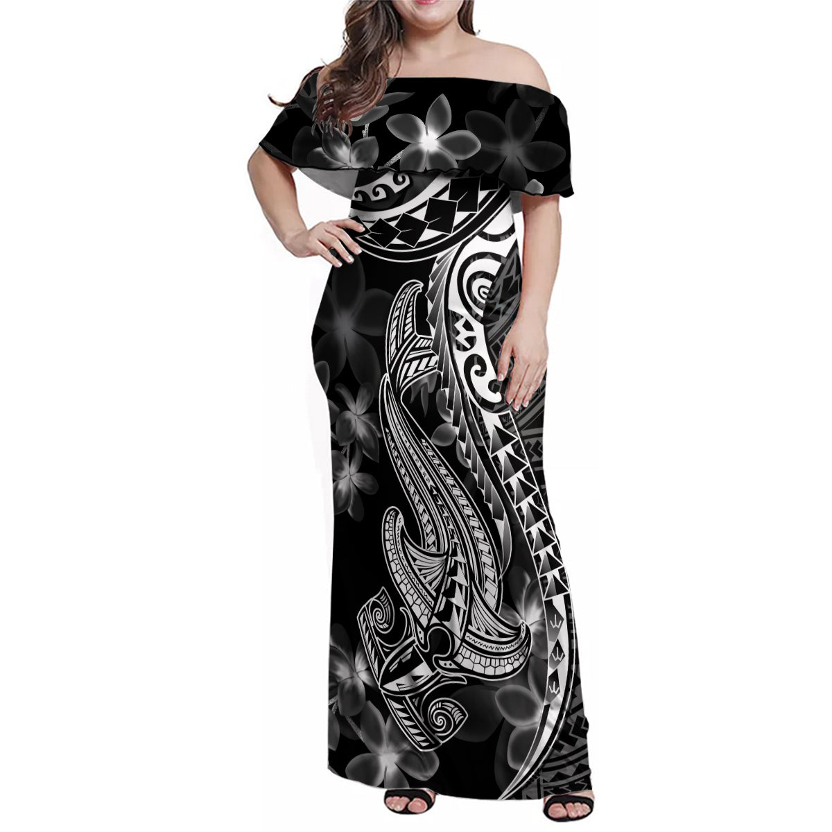 Black Polynesia Family Matching Off Shoulder Maxi Dress and Hawaiian Shirt Shark Tattoo With Polynesian Plumeria - Wonder Print Shop