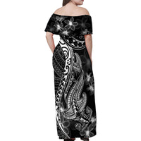 Black Polynesia Family Matching Off Shoulder Maxi Dress and Hawaiian Shirt Shark Tattoo With Polynesian Plumeria - Wonder Print Shop