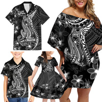 Black Polynesia Family Matching Off Shoulder Short Dress and Hawaiian Shirt Shark Tattoo With Polynesian Plumeria - Wonder Print Shop