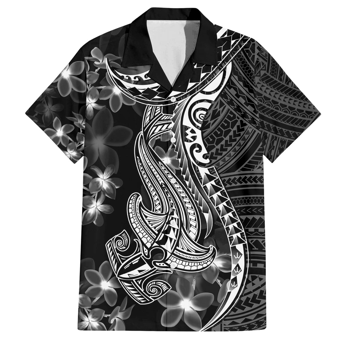 Black Polynesia Family Matching Off Shoulder Short Dress and Hawaiian Shirt Shark Tattoo With Polynesian Plumeria - Wonder Print Shop